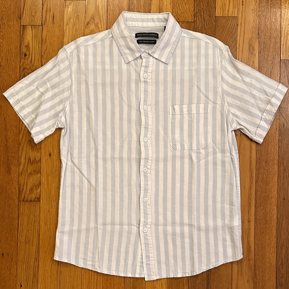 Saks Fifth Avenue Men's Light Blue and White Striped Button-Down Shirt